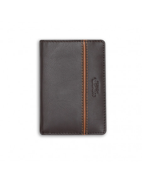 Small leather wallet with lateral stripe and coin pocket in brown, front view on white background - MONPIEL