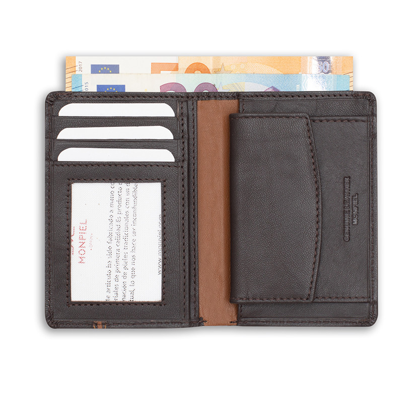 Small leather purse with lateral stripe and coin pocket in brown color, open, on a white background - MONPIEL