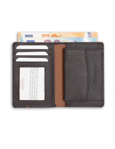 Small leather wallet with lateral stripe and coin pocket in brown, open on white background - MONPIEL