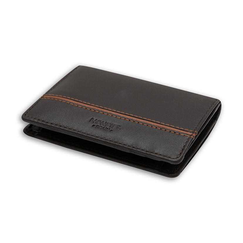 Small leather purse with lateral stripe and coin pocket in brown color, angled view, on a white background - MONPIEL