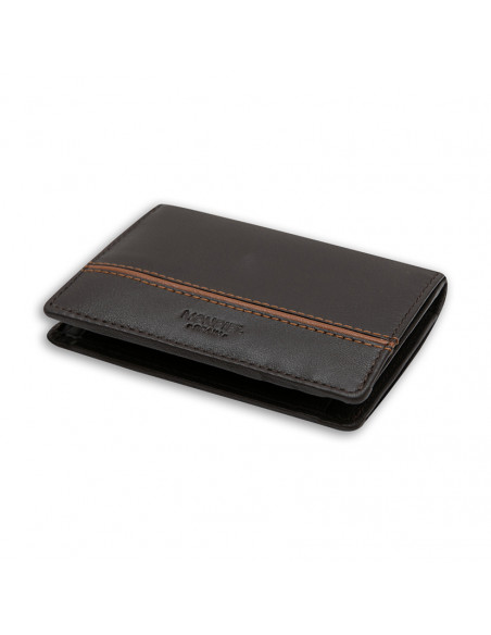 Small leather wallet with lateral stripe and coin pocket in brown, perspective view on white background - MONPIEL