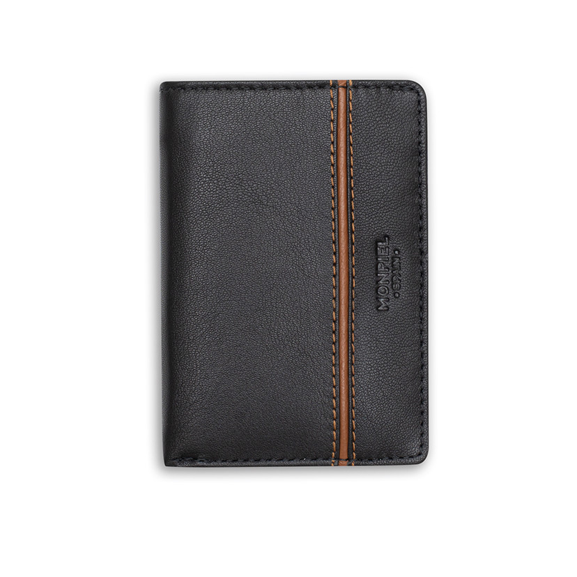 Small leather wallet with lateral stripe and coin pocket in black color, front view, on a white background - MONPIEL