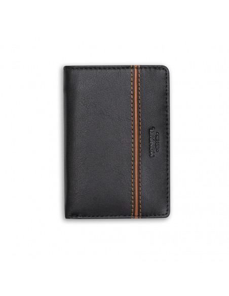 Billetera pequeña con monedero raya lateral de piel en color negro con vista frontal sobre fondo blanco - MONPIEL