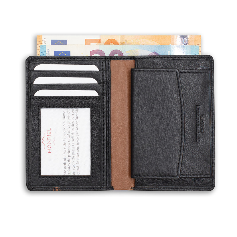 Small leather wallet with lateral stripe and coin pocket in black color, open, on a white background - MONPIEL