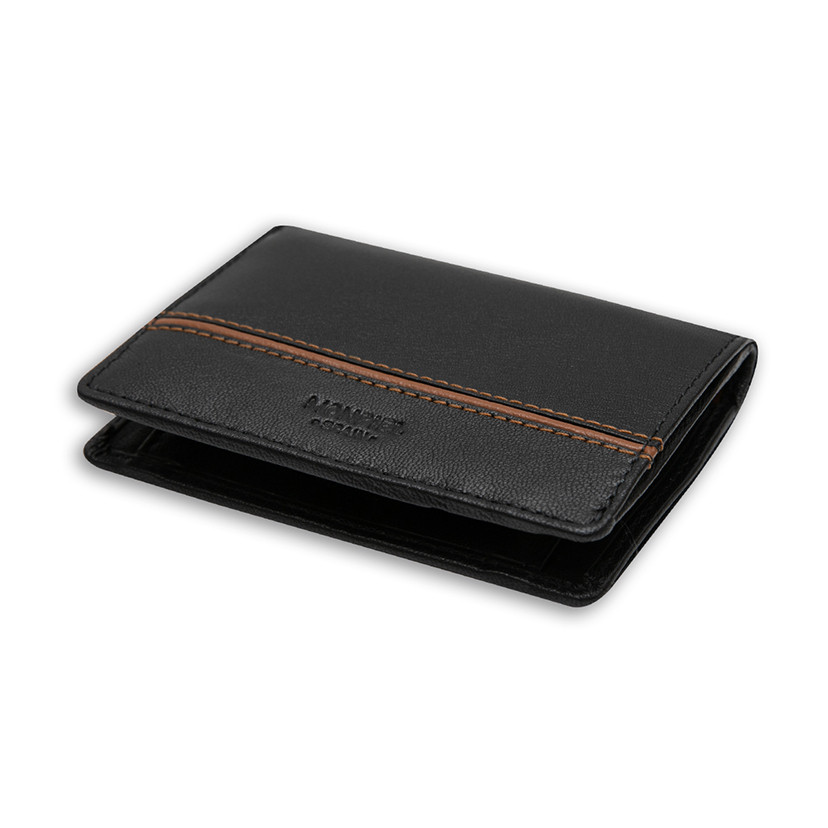 Small leather wallet with lateral stripe and coin pocket in black color, angled view, on a white background - MONPIEL