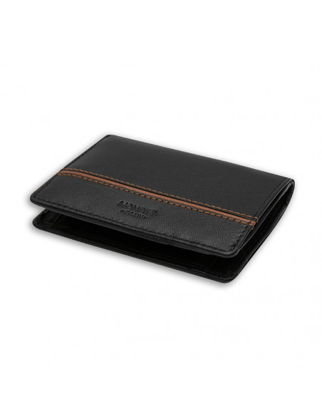 Billetera pequeña con monedero raya lataeral de piel en color negro con vista en perspectiva sobre fondo blanco - MONPIEL