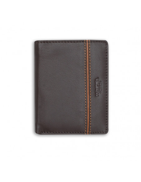 Basic leather billfold with lateral stripe in brown, front view on white background - MONPIEL Basic leather billfold with lateral stripe in brown, front view on white background - MONPIEL