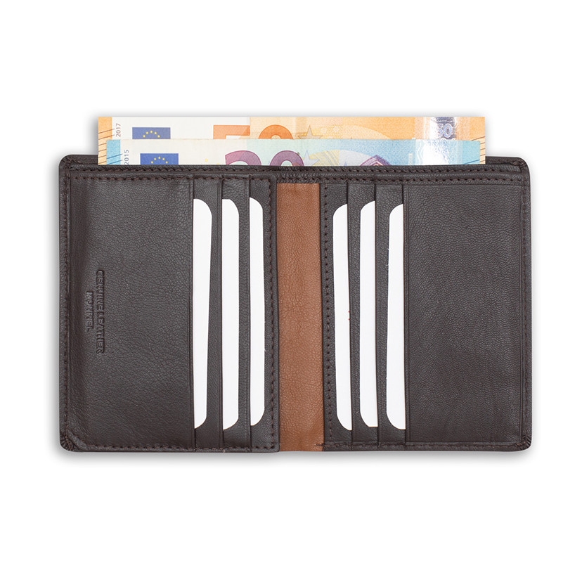 Basic leather purse with lateral stripe in brown color, open, on a white background - MONPIEL