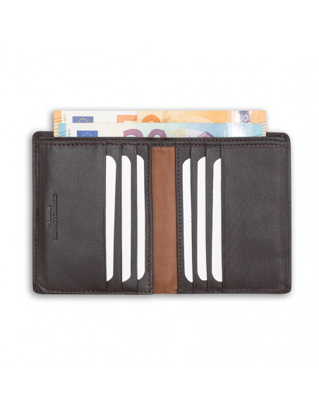 Portafoglio basico in pelle con riga laterale in colore marrone, aperto su sfondo bianco - MONPIEL Portafoglio basico in pelle con riga laterale in colore marrone, aperto su sfondo bianco - MONPIEL