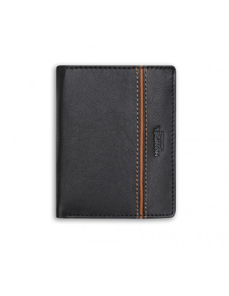 Billetero básico raya lateral de piel en color negro con vista frontal sobre fondo blanco - MONPIEL