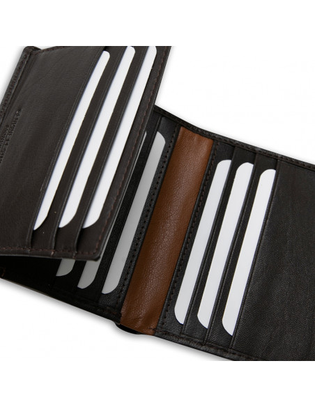 Portafoglio basico in pelle con riga laterale in colore marrone, dettaglio interno delle fessure per carte su sfondo b - MONPIEL Portafoglio basico in pelle con riga laterale in colore marrone, dettaglio interno delle fessure per carte su sfondo b - MONPIEL