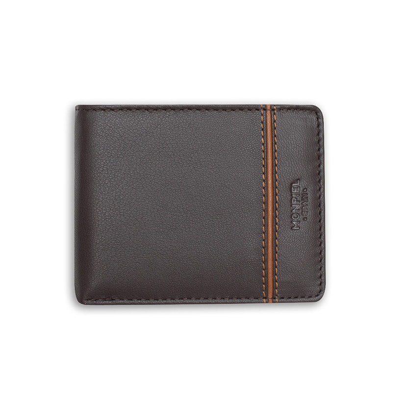 Large American-style leather wallet with lateral stripe and coin pocket in brown color, front view, on a white backgro - MONPIEL