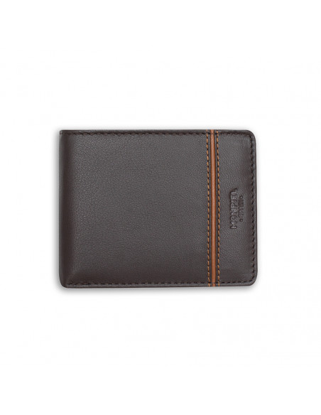 Large American leather wallet with coin pocket and lateral stripe in brown, front view on white background - MONPIEL Large American leather wallet with coin pocket and lateral stripe in brown, front view on white background - MONPIEL