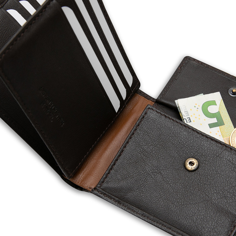 Large American-style leather wallet with lateral stripe and coin pocket in brown color, close-up interior detail, on a - MONPIEL