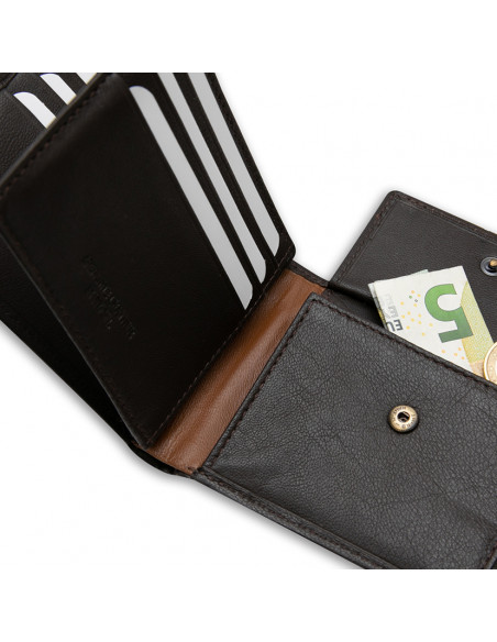 Portafoglio americano grande in pelle con portamonete e riga laterale in colore marrone, primo piano dell’interno su s - MONPIEL