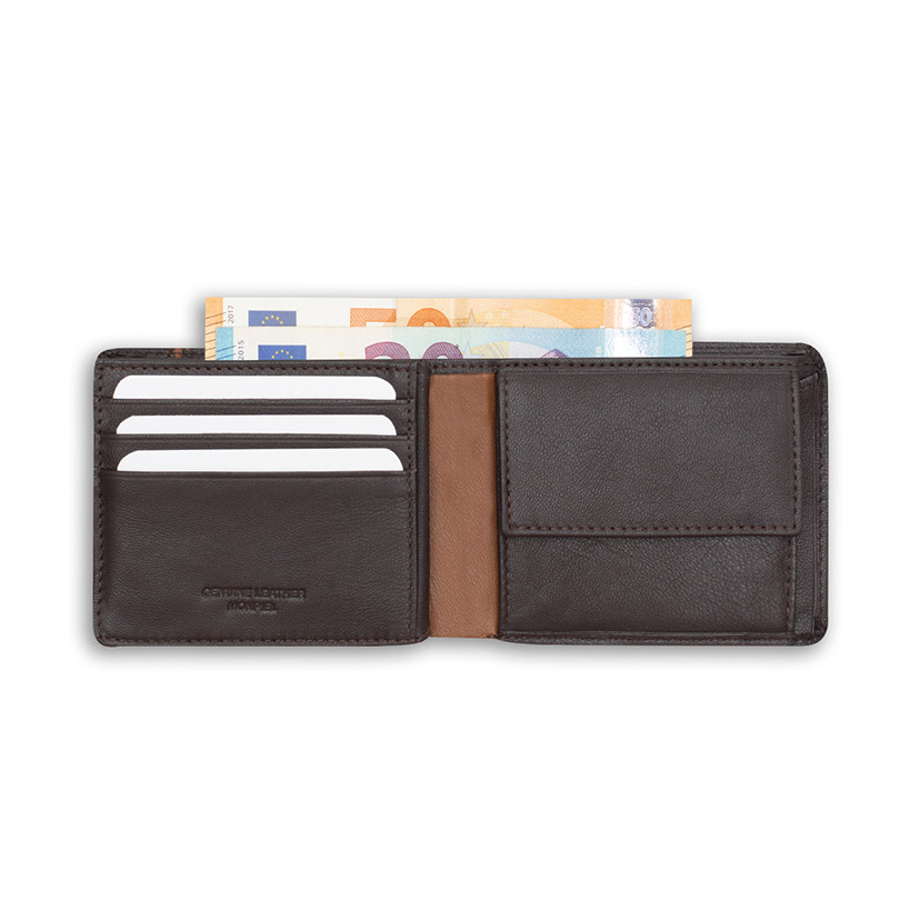 Large American-style leather wallet with lateral stripe and coin pocket in brown color, open, on a white background - MONPIEL