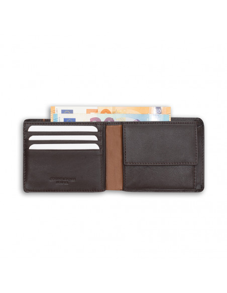 Large American leather wallet with coin pocket and lateral stripe in brown, open on white background - MONPIEL Large American leather wallet with coin pocket and lateral stripe in brown, open on white background - MONPIEL