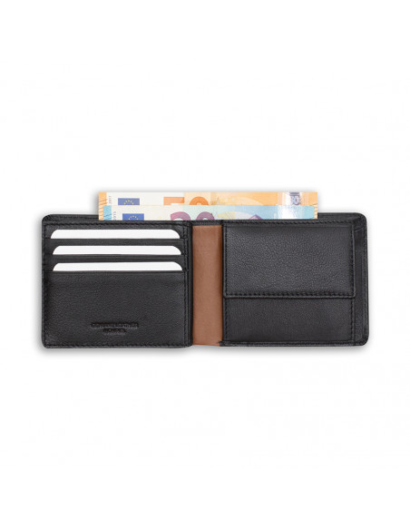 Cartera americana grande con monedero raya lateral de piel en color negro abierta sobre fondo blanco - MONPIEL Cartera americana grande con monedero raya lateral de piel en color negro abierta sobre fondo blanco - MONPIEL