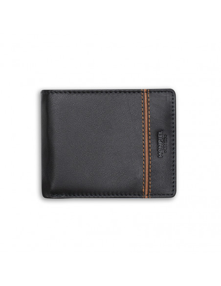 Cartera americana grande con monedero raya lateral de piel en color negro con vista frontal sobre fondo blanco - MONPIEL Cartera americana grande con monedero raya lateral de piel en color negro con vista frontal sobre fondo blanco - MONPIEL