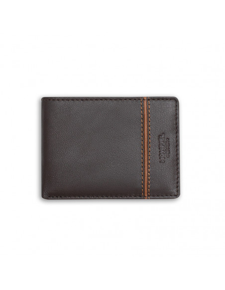 Small American leather wallet with lateral stripe in brown, front view on white background - MONPIEL Small American leather wallet with lateral stripe in brown, front view on white background - MONPIEL