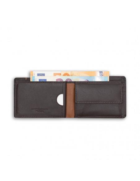 Small American leather wallet with lateral stripe in brown, open on white background - MONPIEL Small American leather wallet with lateral stripe in brown, open on white background - MONPIEL