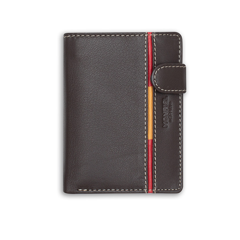 Leather wallet with clasp and coin pocket, featuring Spanish flag, in brown color, front view, on a white background - MONPIEL