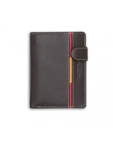 Leather wallet with clasp and coin pocket, featuring Spanish flag, in brown color, front view, on a white background - MONPIEL Leather wallet with clasp and coin pocket, featuring Spanish flag, in brown color, front view, on a white background - MONPIEL