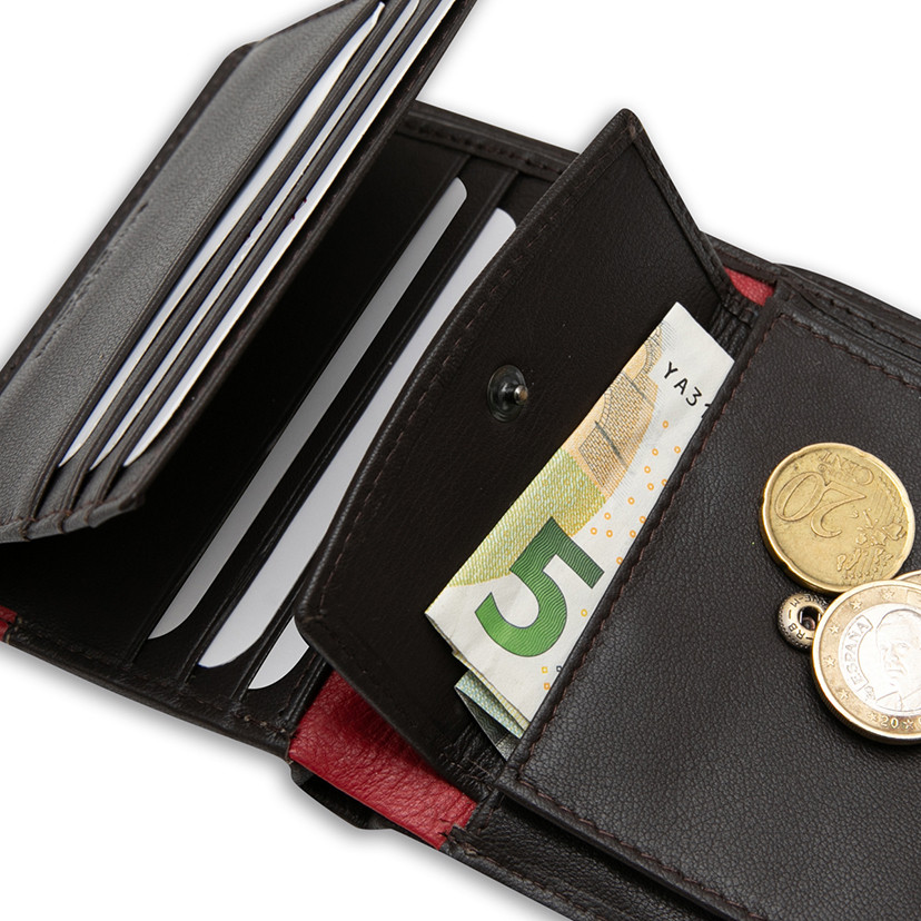 Leather wallet with clasp and coin pocket, featuring Spanish flag, in brown color, close-up interior detail, on a whit - MONPIEL