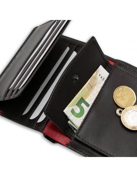 Leather billfold with clasp and coin pocket, Spanish flag design, in brown, close-up of the interior on white backgrou - MONPIEL