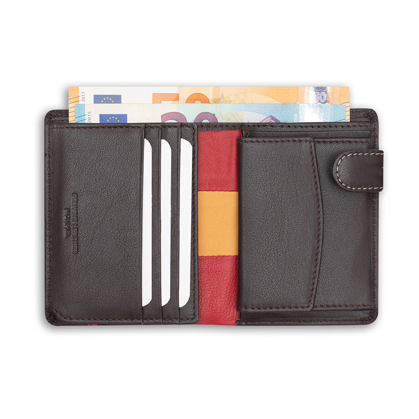 Leather wallet with clasp and coin pocket, featuring Spanish flag, in brown color, open, on a white background - MONPIEL