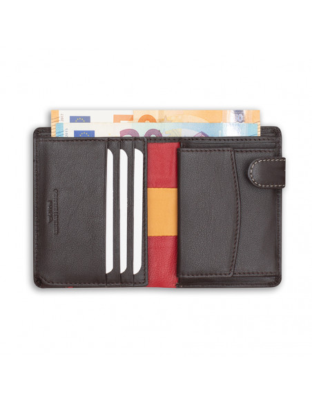 Leather wallet with clasp and coin pocket, featuring Spanish flag, in brown color, open, on a white background - MONPIEL Leather wallet with clasp and coin pocket, featuring Spanish flag, in brown color, open, on a white background - MONPIEL
