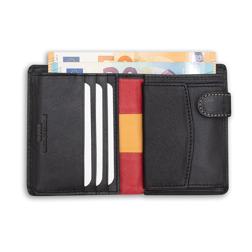 Leather wallet with clasp and coin pocket, featuring Spanish flag, in black color, open, on a white background - MONPIEL