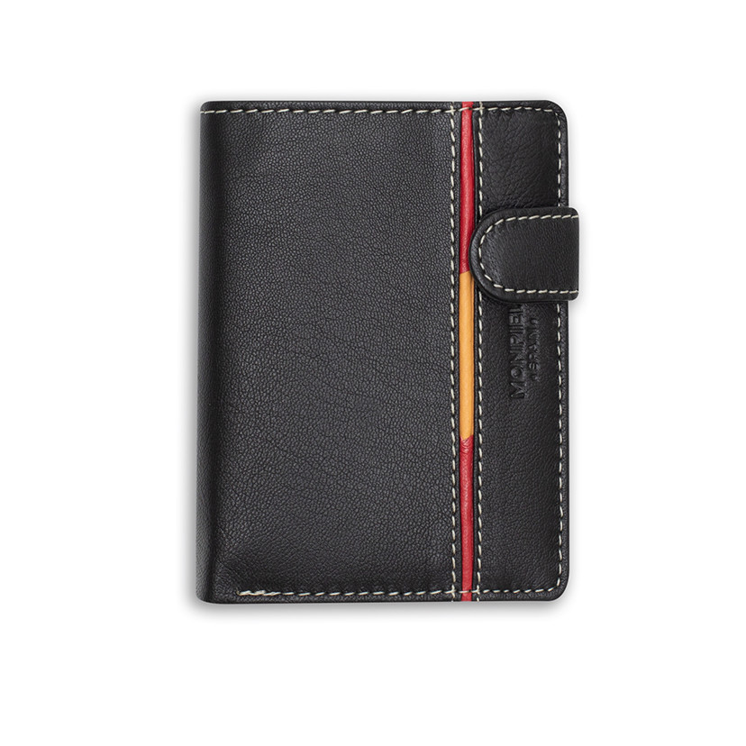 Leather wallet with clasp and coin pocket, featuring Spanish flag, in black color, front view, on a white background - MONPIEL