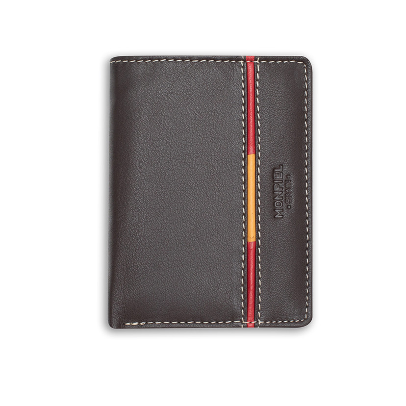 Leather wallet with coin pocket, featuring Spanish flag, in brown color, front view, on a white background - MONPIEL