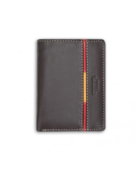 Leather billfold with Spanish flag design in brown, front view on white background - MONPIEL Leather billfold with Spanish flag design in brown, front view on white background - MONPIEL