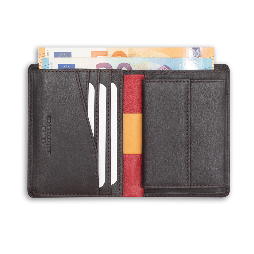 Leather wallet with coin pocket, featuring Spanish flag, in brown color, open, on a white background - MONPIEL