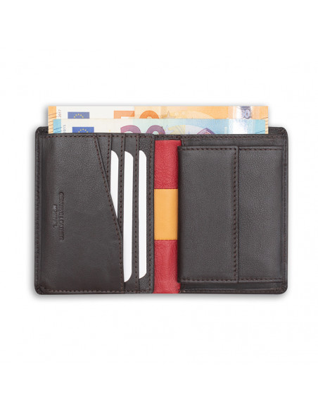 Leather billfold with Spanish flag design in brown, open on white background - MONPIEL Leather billfold with Spanish flag design in brown, open on white background - MONPIEL