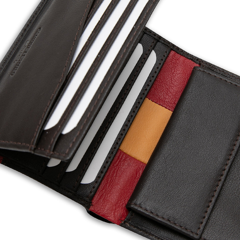 Leather wallet with coin pocket, featuring Spanish flag, in brown color, close-up interior detail, on a white backgrou - MONPIEL