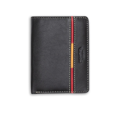 Leather purse with coin pocket, featuring Spanish flag, in brown color, front view, on a white background - MONPIEL 2