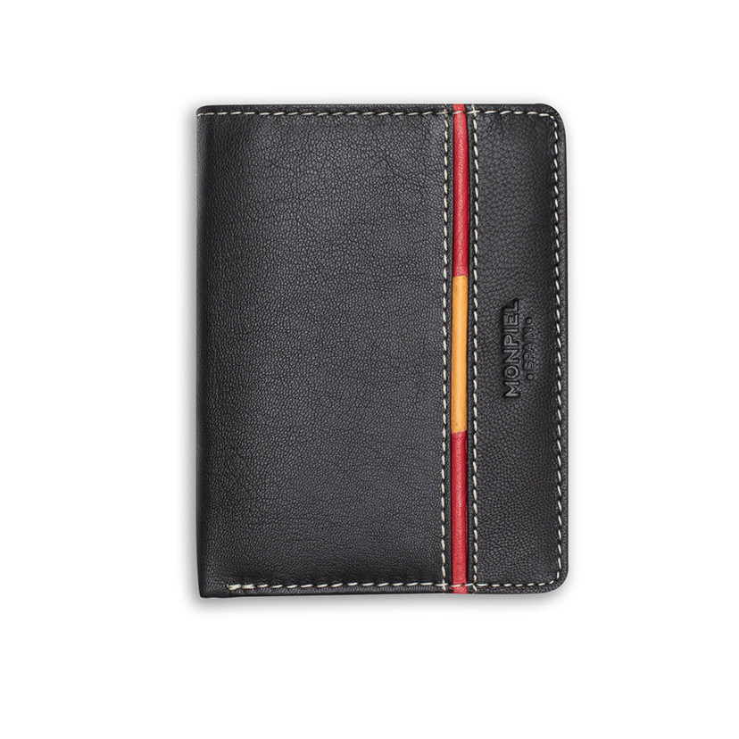 Leather purse with coin pocket, featuring Spanish flag, in black color, front view, on a white background - MONPIEL