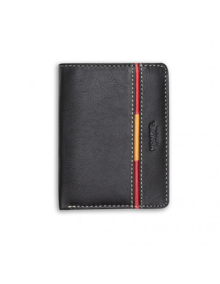 Leather wallet with coin pocket, featuring Spanish flag, in black color, front view, on a white background - MONPIEL Leather wallet with coin pocket, featuring Spanish flag, in black color, front view, on a white background - MONPIEL