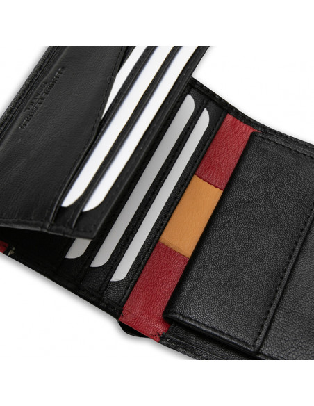 Leather wallet with coin pocket, featuring Spanish flag, in black color, close-up interior detail, on a white backgrou - MONPIEL Leather wallet with coin pocket, featuring Spanish flag, in black color, close-up interior detail, on a white backgrou - MONPIEL