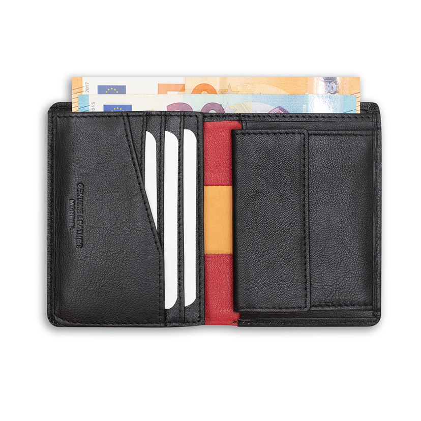Leather purse with coin pocket, featuring Spanish flag, in black color, open, on a white background - MONPIEL