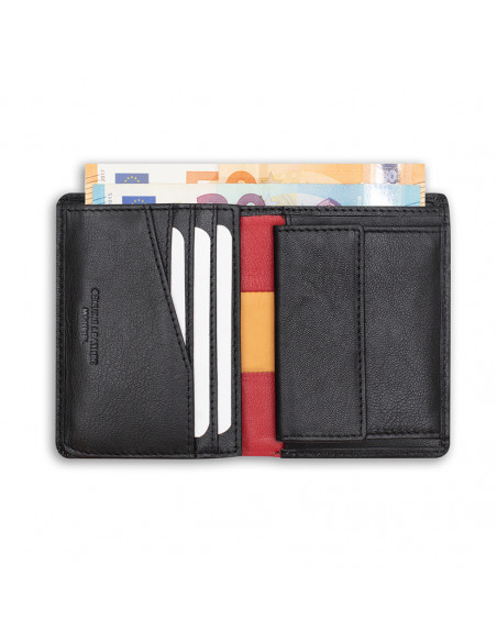 Leather wallet with coin pocket, featuring Spanish flag, in black color, open, on a white background - MONPIEL Leather wallet with coin pocket, featuring Spanish flag, in black color, open, on a white background - MONPIEL