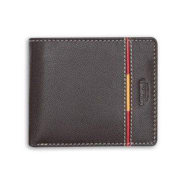 Large American-style leather wallet featuring Spanish flag, in brown color, front view, on a white background - MONPIEL 2