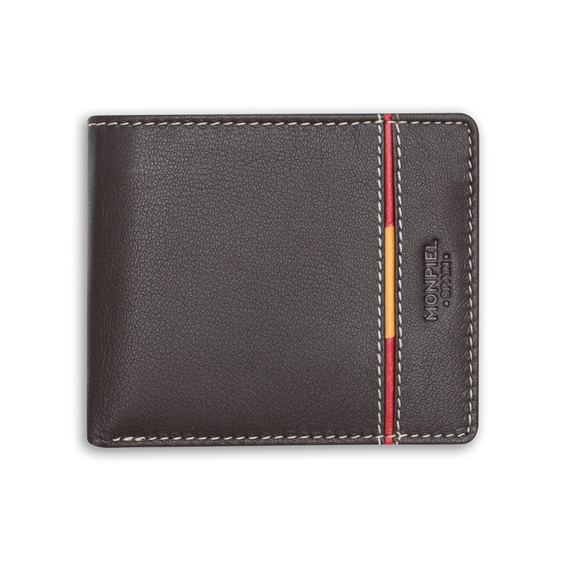 Large American-style leather wallet featuring Spanish flag, in brown color, front view, on a white background - MONPIEL