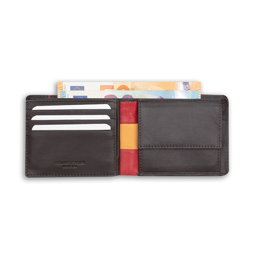 Large American-style leather wallet featuring Spanish flag, in brown color, open, on a white background - MONPIEL
