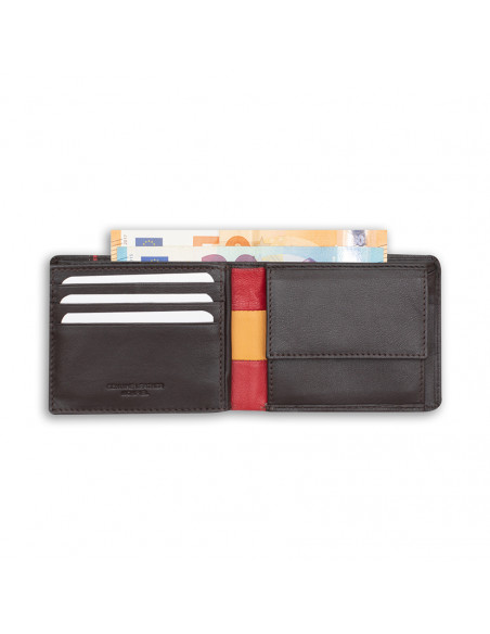Large American leather wallet with Spanish flag design in brown, open on white background - MONPIEL