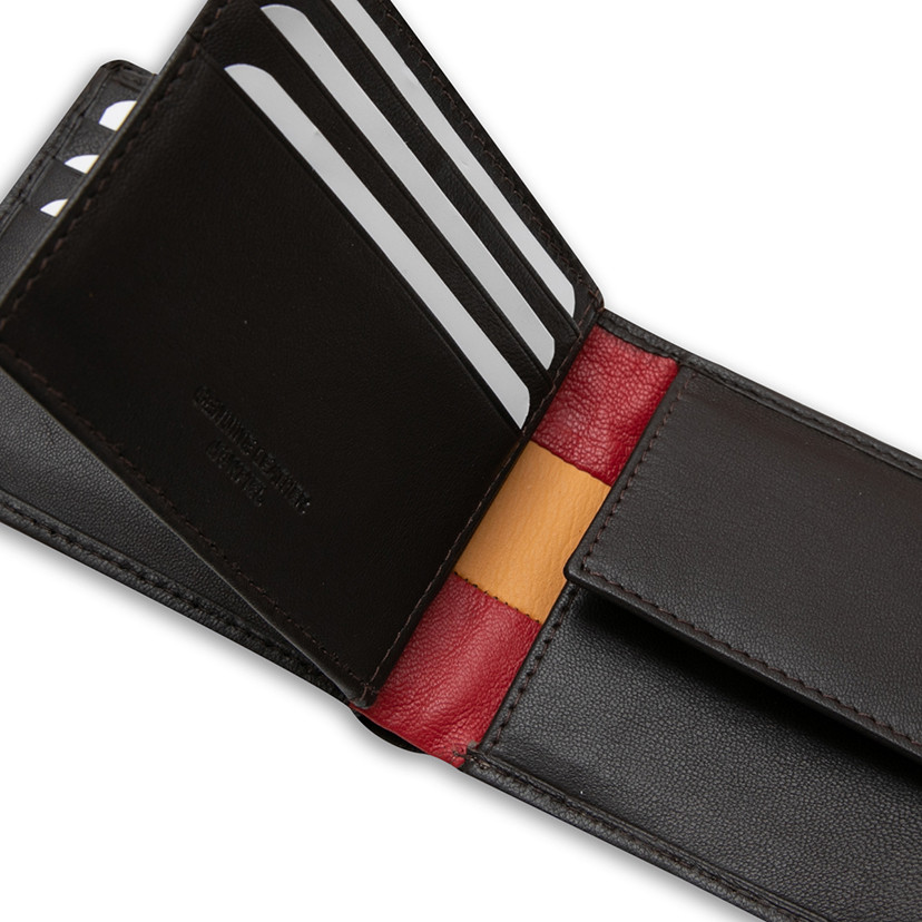 Large American-style leather wallet featuring Spanish flag, in brown color, interior detail, on a white background - MONPIEL