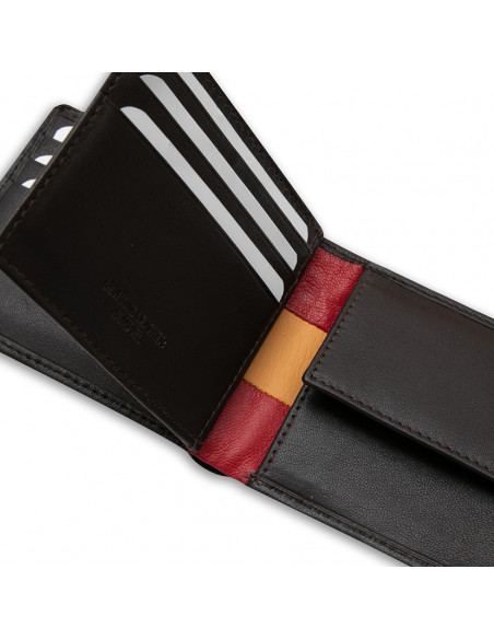 Large American leather wallet with Spanish flag design in brown, interior detail on white background - MONPIEL